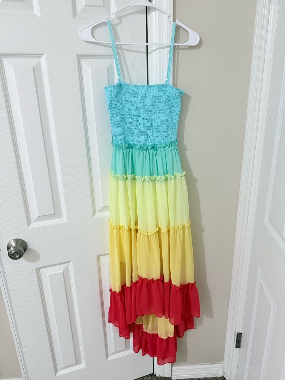 Amazon Tiered High-Low Smocked Sundress in Turquoise, Yellow & Red